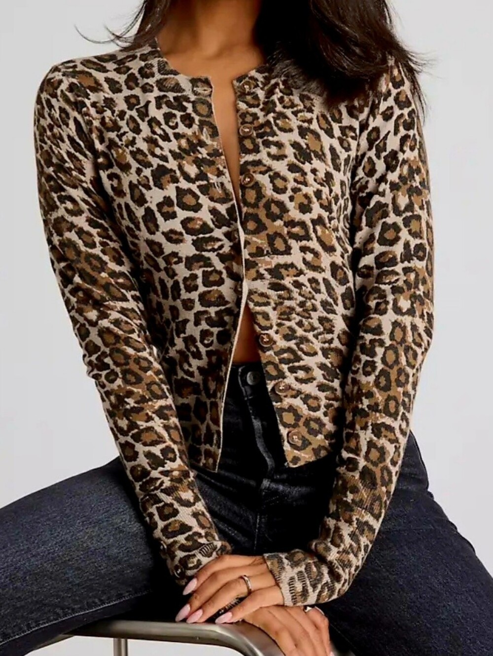 J. Crew Women's Leopard Print Button-Front Cardigan Black Brown Cotton Medium